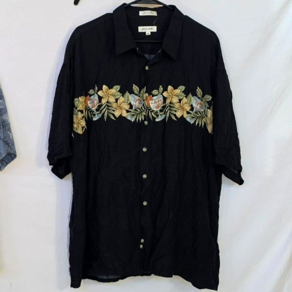 #0401 Pierre Cardin 100% Rayon Men's Floral Cocktail Camp Shirt Black XXL
